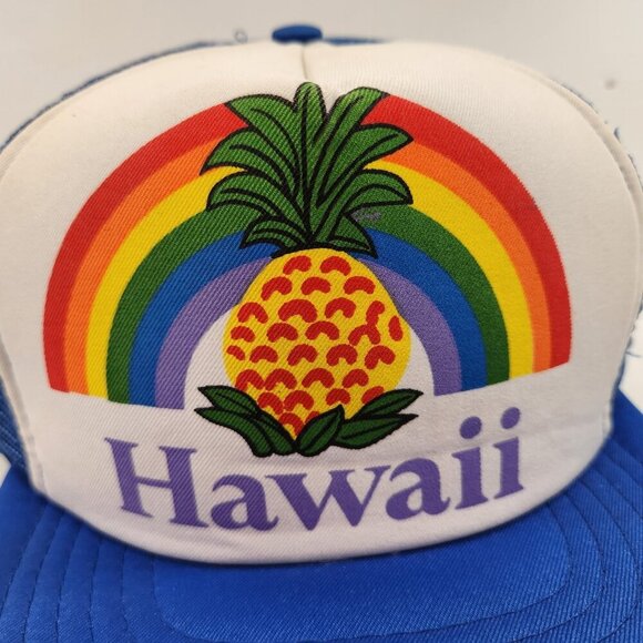 Vintage Hawaii Pineapple Rainbow Logo Trucker Hat Blue White 1980s Mesh - Picture 2 of 9